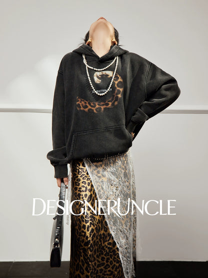 DGU×LAB "Moye" retro black sweatshirt  leopard tail print commuter top - TINK
