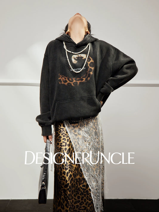 DGU×LAB "Moye" retro black sweatshirt  leopard tail print commuter top - TINK