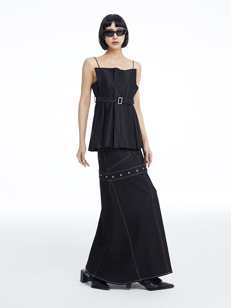 TINY IN black denim women's long a-line skirt -SALEM