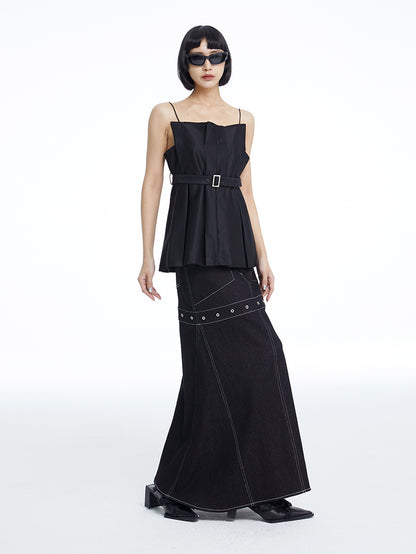 TINY IN black denim women's long a-line skirt -SALEM