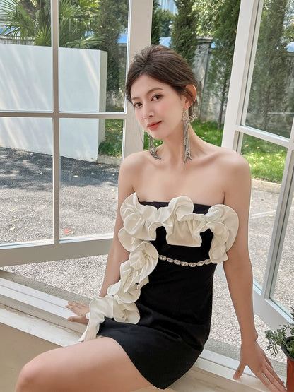 DOLLY Elegant Black Off Shoulder White Ruffle Tube Top Short Date Dress-JAJA