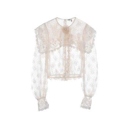 FAME Bouquet Embroidered Lace Shawl Collar Sheer Smock Top - ANGELA.