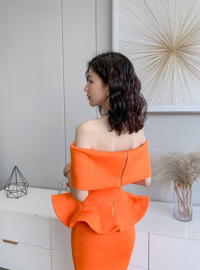 DOLLY High End Off Shoulder Peplum Tube Top Slim Fit Wedding Guest Dress-HANS