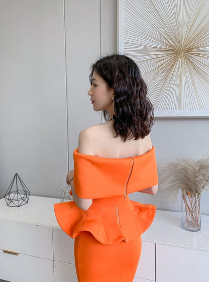 DOLLY High End Off Shoulder Peplum Tube Top Slim Fit Wedding Guest Dress-HANS