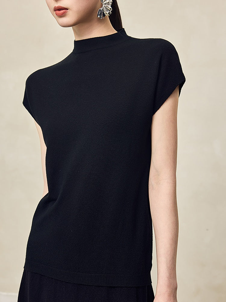 HECO Sleeveless Slim Mock Collar Red Black Gray Knit Top  - THRONE.