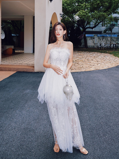 DOLLY Elegant Sleeveless Feather Tube Top Embroidery Long Tutu Dinner Dress-KYLIE