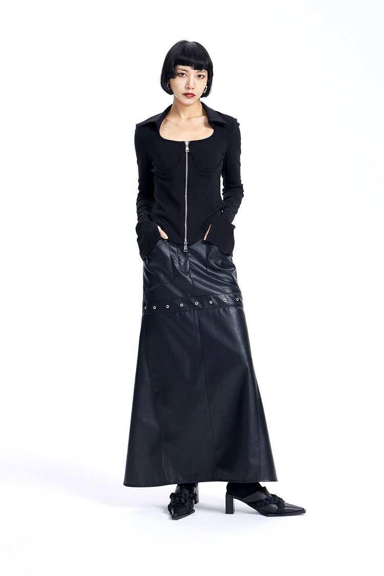 TINY IN High Waist Leather Panelled Fishtail Black Skirt-RIHA