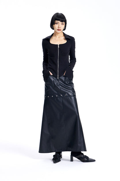 TINY IN High Waist Leather Panelled Fishtail Black Skirt-RIHA