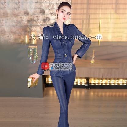 VJE pleated top bell bottom pants two-piece suede suit set - OPO.