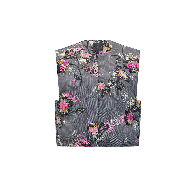 M essential Mackay designer cherry blossom print beads down short vest - LAND.