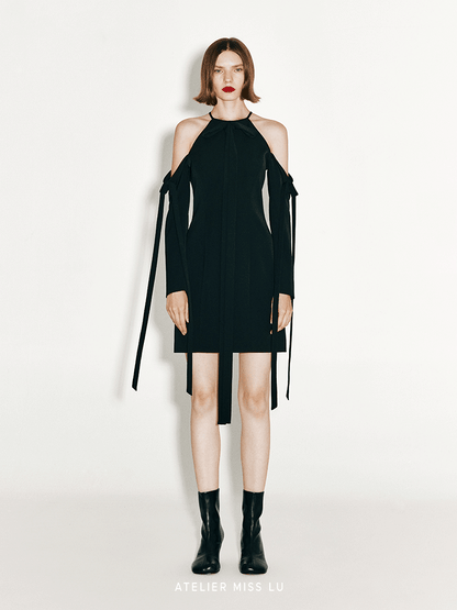 ATELIER MISS LU multi-ribbon design slim-fitting dropped-shoulder dress - HAZEL.