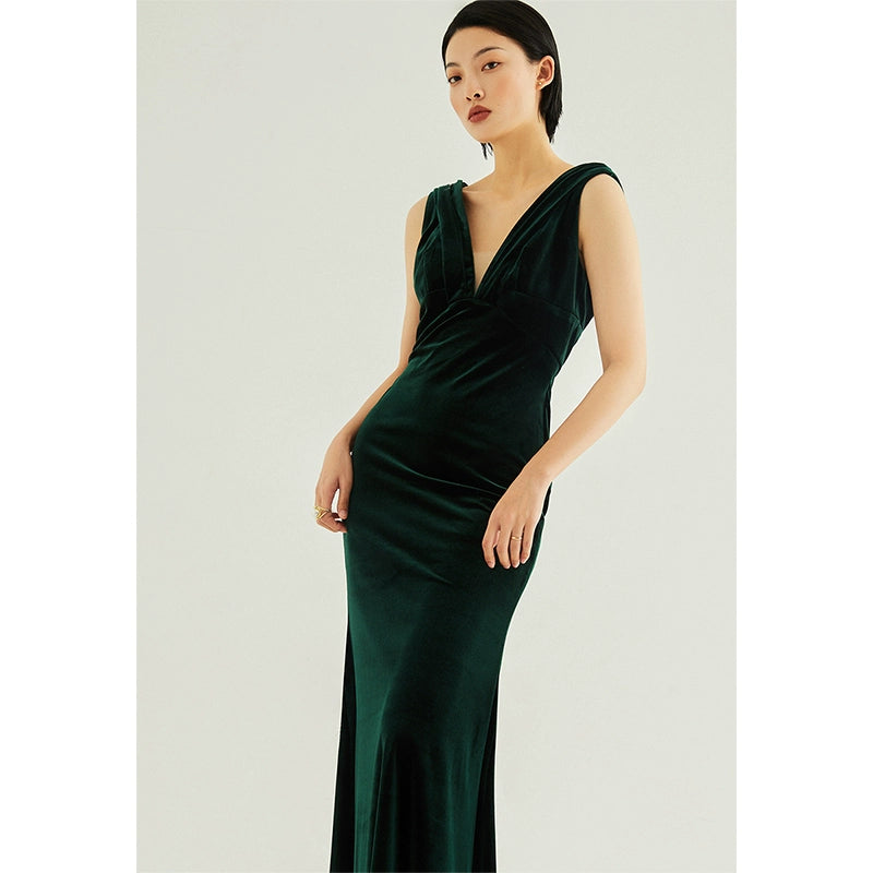 GOUDIN high-end temperament velvet long dark green dresses -ADDIE