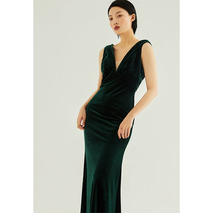 GOUDIN high-end temperament velvet long dark green dresses -ADDIE