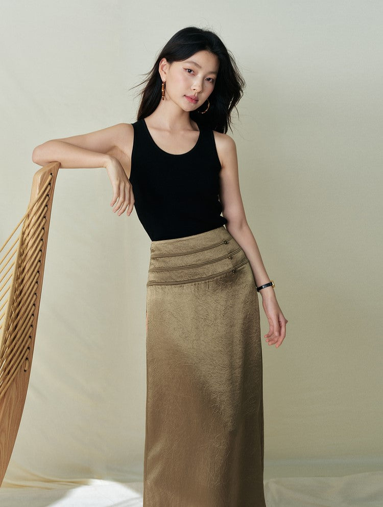 SUSHE Light Chinese acetate scratch satin high waist long skirt female -JESSICA