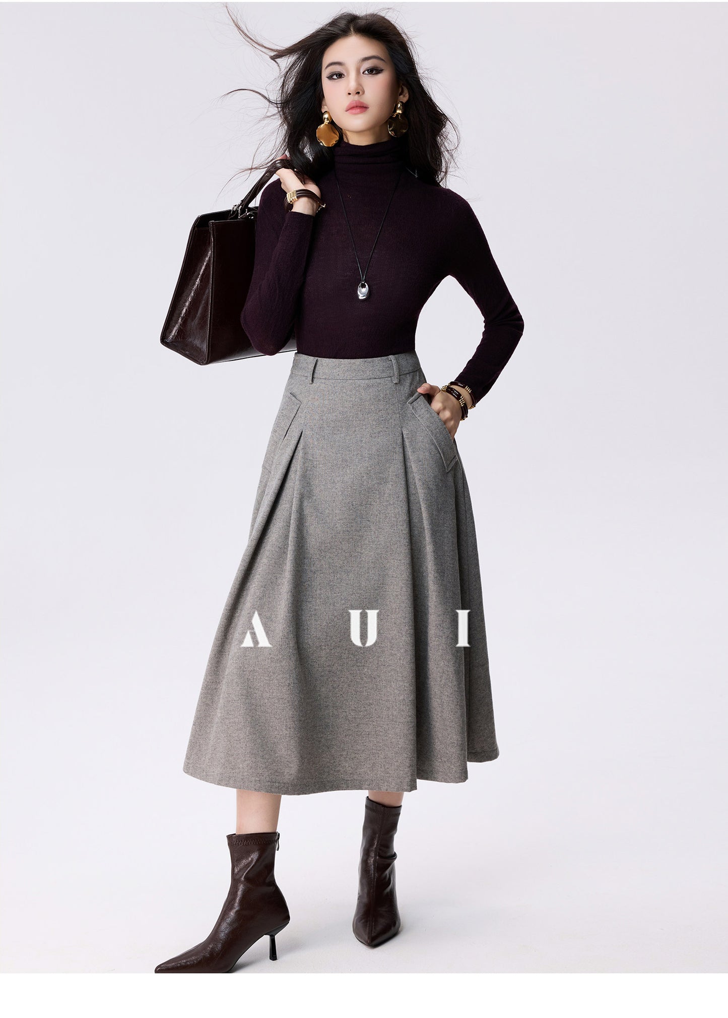 AUI Wrinkled High-Waisted Umbrella Temperament Mid-Length Skirt - PRIDE