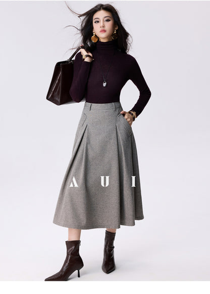 AUI Wrinkled High-Waisted Umbrella Temperament Mid-Length Skirt - PRIDE