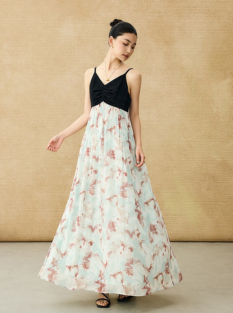 HECO Chinese V-neck camisole chiffon print long dress - BUSE.