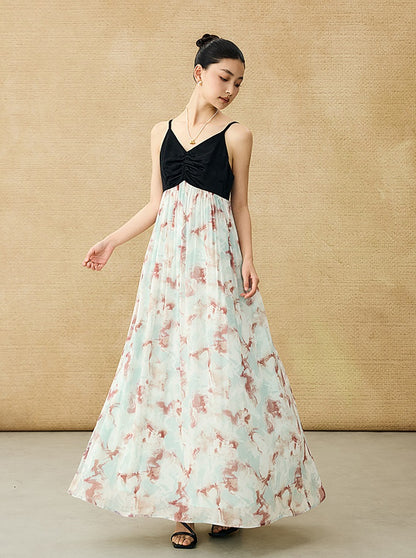 HECO Chinese V-neck camisole chiffon print long dress - BUSE.