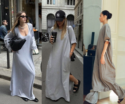 PIAOIN minimalist style nude tencel wool t-shirt skirt versatile dress -LYDIA