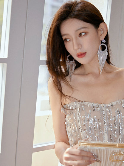 DOLLY Elegant Chest Wrap Glittering Tassel Tube Top Beaded Short Sexy Dress-LENORA  (V)