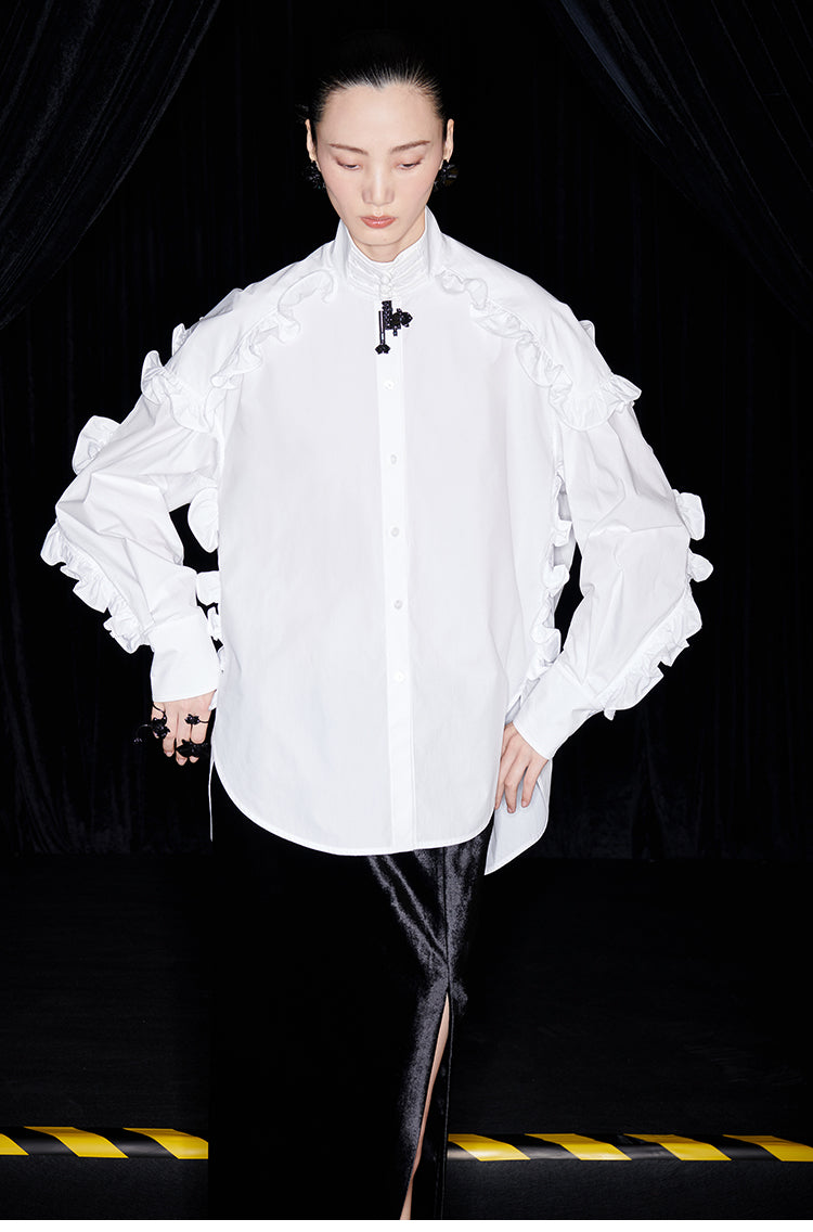 M essential Mackay designer white cotton three-dimensional ruffle trim shirt -  Tori.