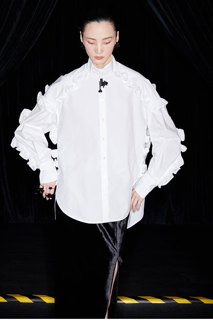 M essential Mackay designer white cotton three-dimensional ruffle trim shirt -  Tori.