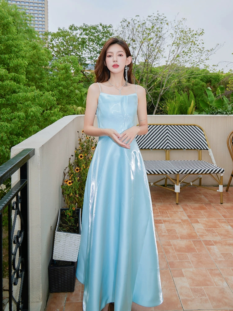 DOLLY High End Blue Off Shoulder Sleeveless Long Suspender Banquet Dress-AGATHA