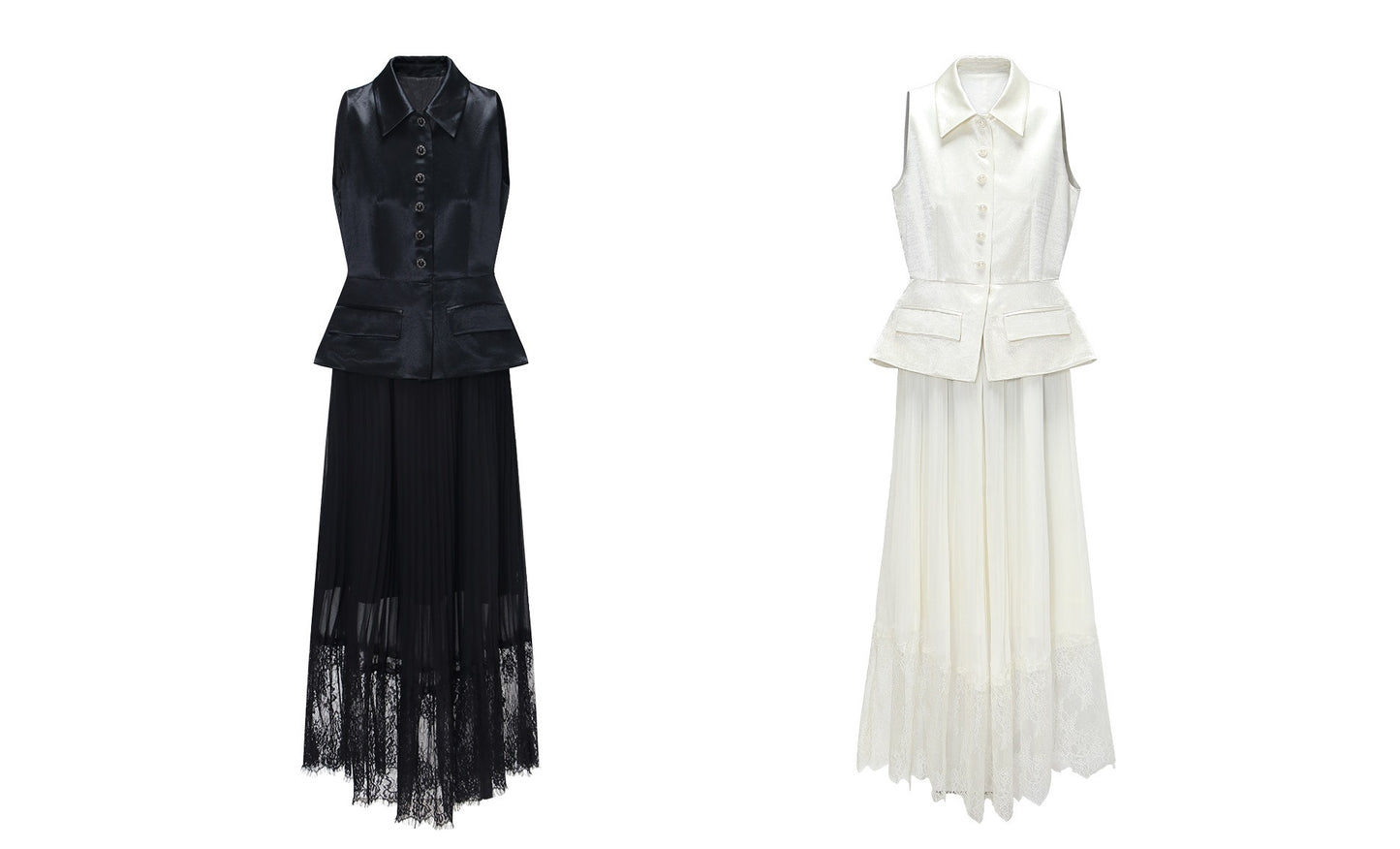 WANGXO | Faux Two-Piece Vest Suit & Romantic Pleated Gauze Skirt -THIA.