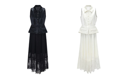 WANGXO | Faux Two-Piece Vest Suit & Romantic Pleated Gauze Skirt -THIA.