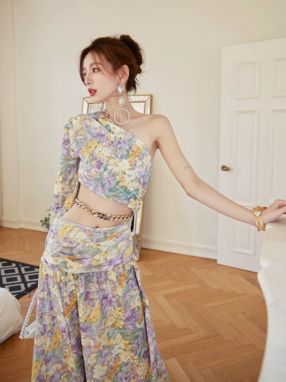 DOLLY Luxury French Style Floral One Sleeve Off Shoulder Waist Baring Slit Resort Dress-LYRA