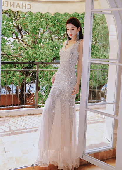 DOLLY Elegant Deep V-Neck Sleeveless Sequin Mesh Long Cocktail Dress-JUSTINA