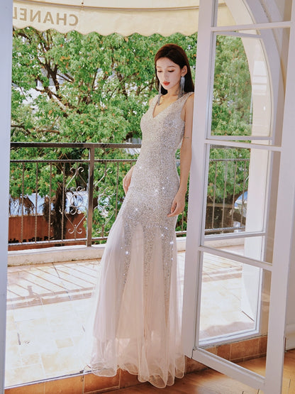 DOLLY Elegant Deep V-Neck Sleeveless Sequin Mesh Long Cocktail Dress-JUSTINA