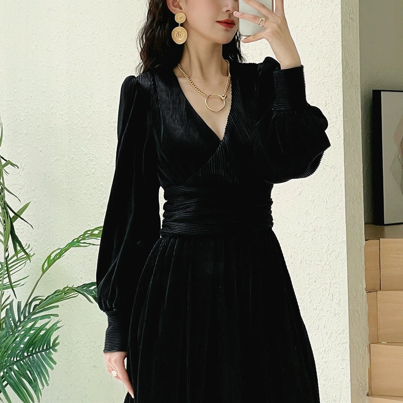 DOLLY Elegant Peach V-Neck Long Puff Sleeve High Waist Long Flowing Guest Dress-BESTY