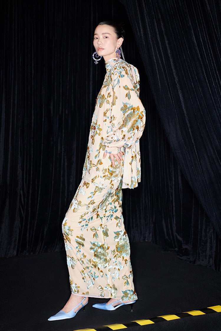 M essential Mackay designer Qili burnt floral velvet dense pleated lace-up loose top - PETER.