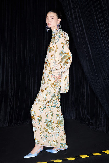 M essential Mackay designer Qili burnt floral velvet dense pleated lace-up loose top - PETER.