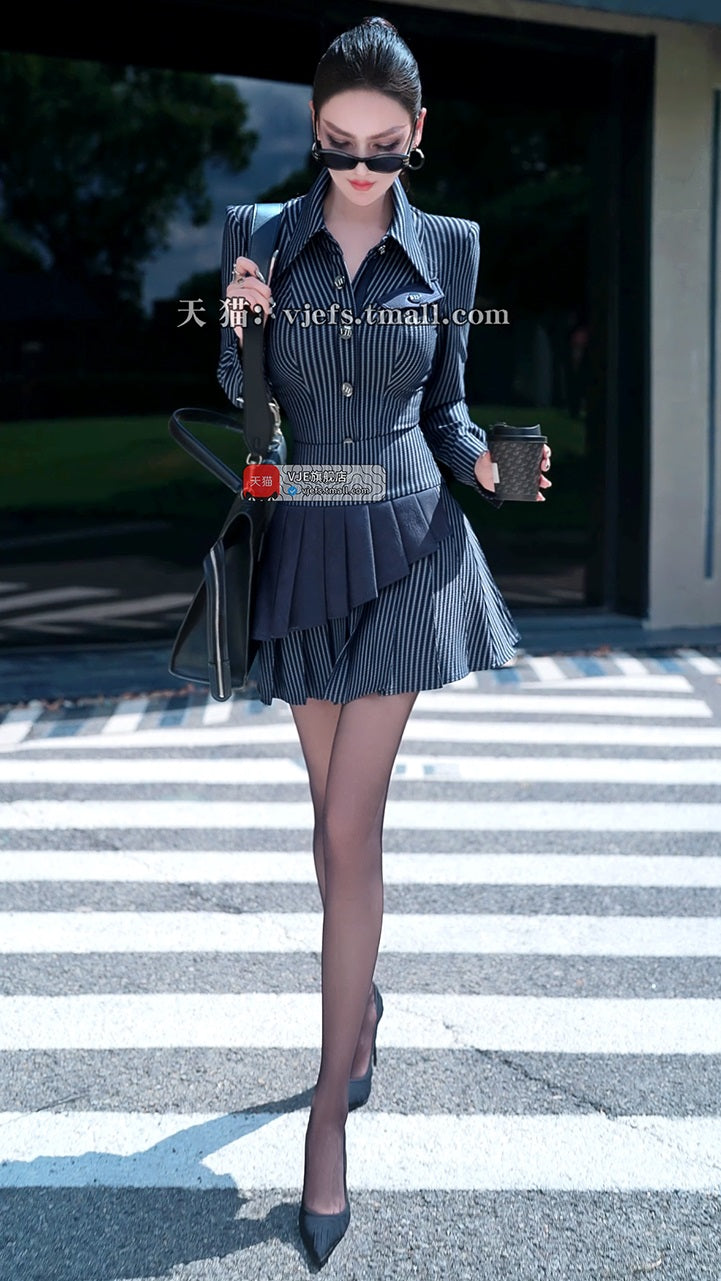 VJE Striped Shirt Pleated Short Skirt Two-Piece Suit Set - PAPA.