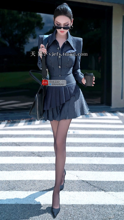 VJE Striped Shirt Pleated Short Skirt Two-Piece Suit Set - PAPA.