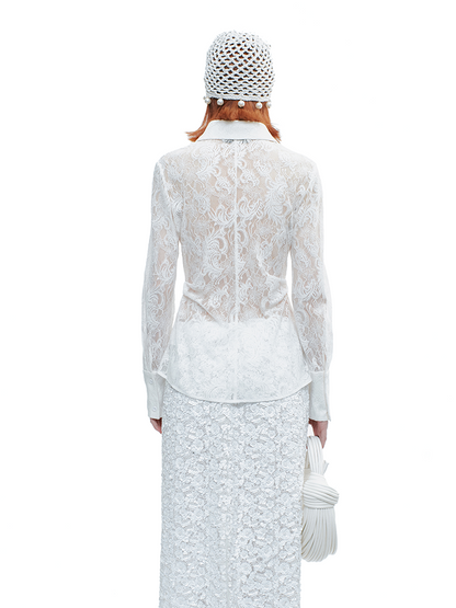 YES BY YESIR | Lace Long Sleeve Sheer White Shirt  -AMALITHA.