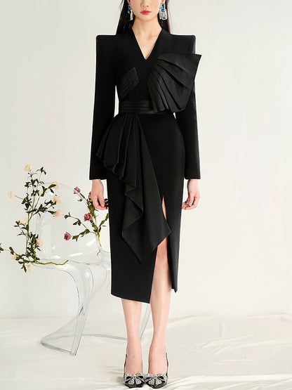 CHECOCRE Classy Design Sense Slit Temperament Elegant Black Suit Dress - ENYA