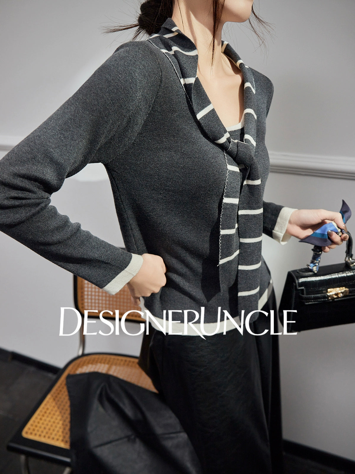 DGU| Dark Gray Striped Bow Tie Niche Design Retro Gentle Commuter Top - Antonio.