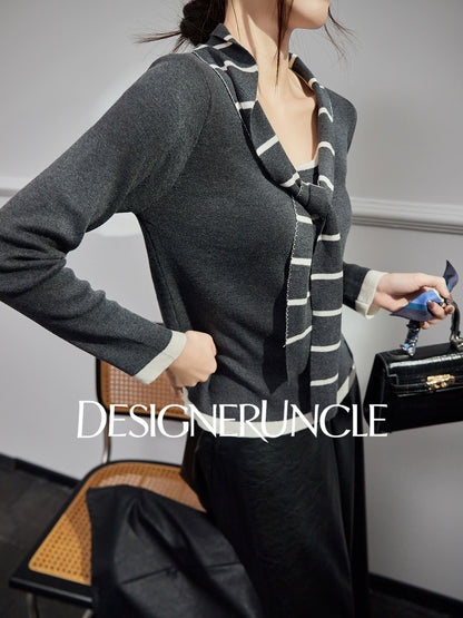 DGU| Dark Gray Striped Bow Tie Niche Design Retro Gentle Commuter Top - Antonio.