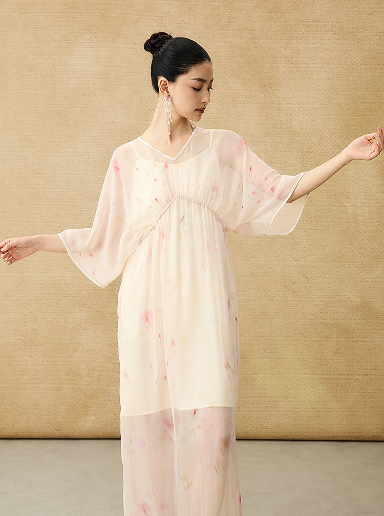 HECO Chinese Resort Style Flowing V-neck Dress - STONE.