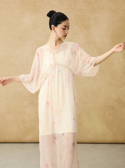 HECO Chinese Resort Style Flowing V-neck Dress - STONE.