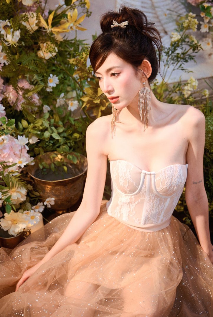 DOLLY Elegant Fake Two Piece Sleeveless Tube Top Sequin Long Dress-POLA