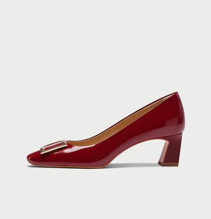 pjjuu patent red Burgundy curve block kitten heel pumps - TRUCE