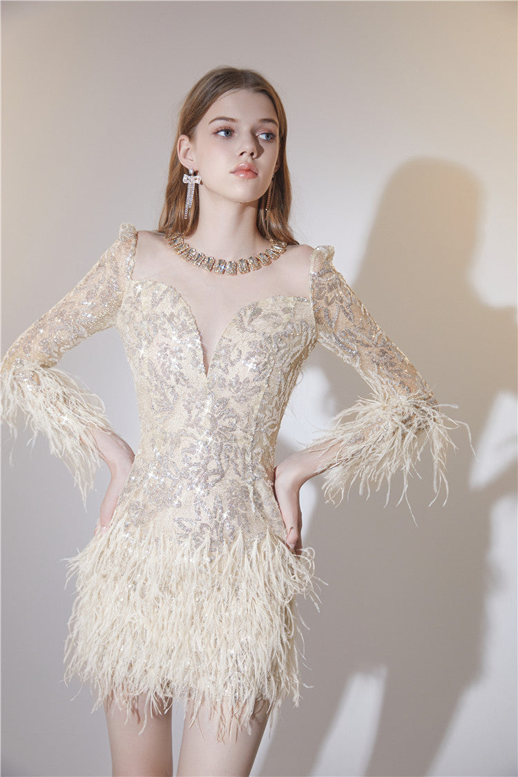 Wardrobes by Chen Elegant Long Sleeve Sequin Feather Party Dress-Daiadem S / Gold Wardrobes by Chen Elegant Long Sleeve Sequin Feather Party Dress-Daiadem S / Gold