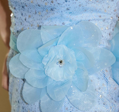 DOLLY Elegant Blue Flower Ribbon Tube Sequin Fish Tail Dinner Dress-LONE