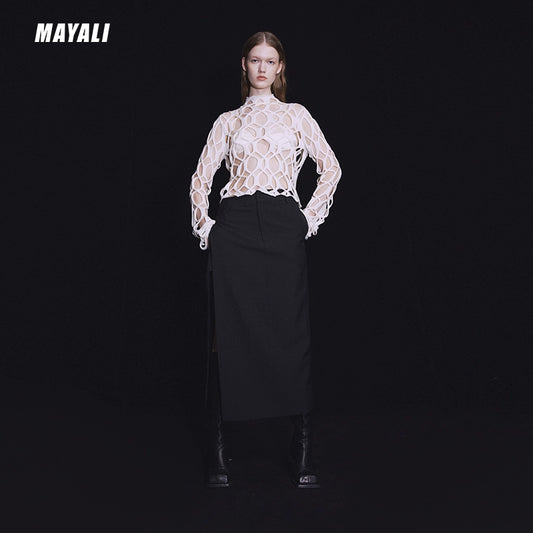 MAYALI staggered intarsia cropped cutout long-sleeved top - Anitwo