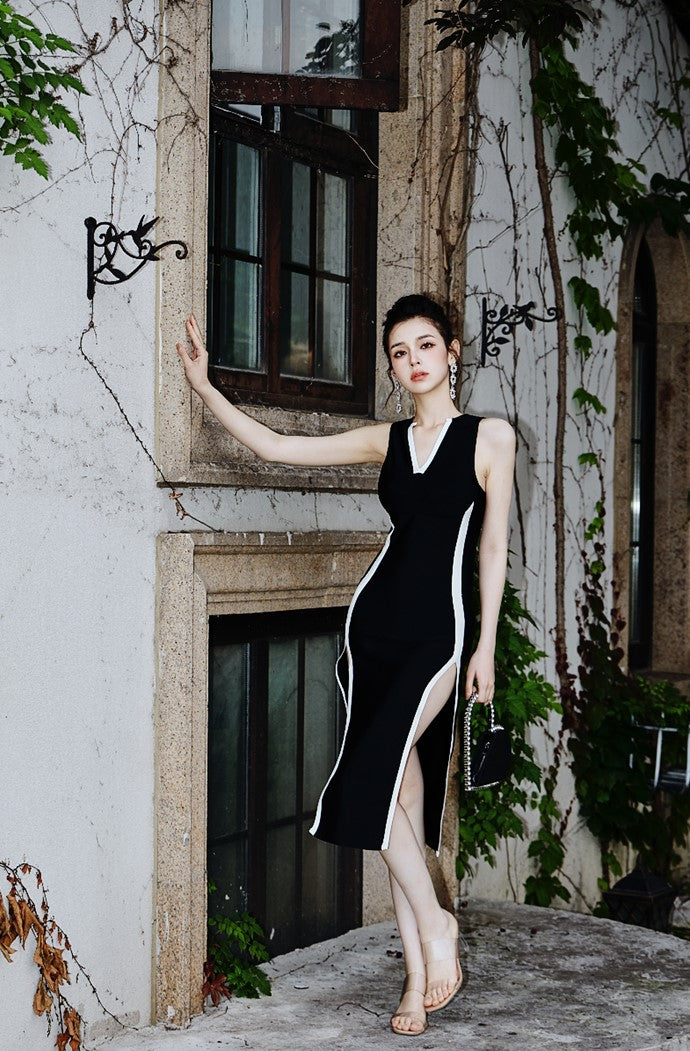 DOLLY High End Black and White V-Neck Sleeveless Slim Fit High Slit Sexy Dress-ESTER