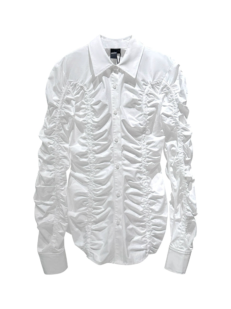ANNAKIKI white deconstructed split pleated long sleeve shirt for women-SATURN